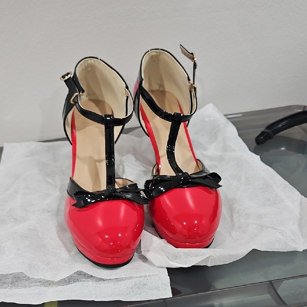 Women’s Red Patent T-Strap Heels with Black Trim